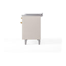Freestanding dual fuel range side panel with brass hardware, antique white finish