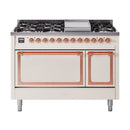 Antique white dual fuel freestanding range with copper-trim double oven doors and burners