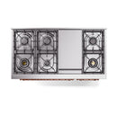 Dual-fuel gas range cooktop grates and burners, antique white with copper trim