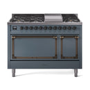 Blue-grey freestanding dual-fuel gas range with bronze-trim oven doors and burner knobs