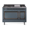 ILVE Nostalgie II Noblesse 48-Inch 5.02 Cu. Ft. Dual Oven Propane Gas Dual Fuel Range with 8 Burners, Griddle and Solid Door in Blue Grey with Burnished Bronze Trim (UN48FQNMPBGBLP)