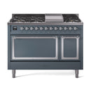 Freestanding dual fuel range in blue-grey with two closed oven doors and knob burner top