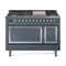 ILVE Nostalgie II Noblesse 48-Inch 5.02 Cu. Ft. Dual Oven Natural Gas Dual Fuel Range with 8 Burners, Griddle and Solid Door in Blue Grey with Chrome Trim (UN48FQNMPBGC)