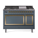 Blue grey dual fuel freestanding range front view with brass-trimmed oven doors and burners