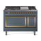 ILVE Nostalgie II Noblesse 48-Inch 5.02 Cu. Ft. Dual Oven Natural Gas Dual Fuel Range with 8 Burners, Griddle and Solid Door in Blue Grey with Brass Trim (UN48FQNMPBGG)