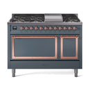 Blue-grey freestanding dual fuel range with copper-trim oven doors closed