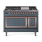 ILVE Nostalgie II Noblesse 48-Inch 5.02 Cu. Ft. Dual Oven Propane Gas Dual Fuel Range with 8 Burners, Griddle and Solid Door in Blue Grey with Copper Trim (UN48FQNMPBGPLP)