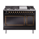 Freestanding dual-fuel range, glossy black with bronze-trim controls and two oven doors.