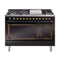ILVE Nostalgie II Noblesse 48-Inch 5.02 Cu. Ft. Dual Oven Propane Gas Dual Fuel Range with 8 Burners, Griddle and Solid Door in Glossy Black with Burnished Bronze Trim (UN48FQNMPBKBLP)