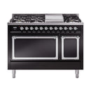 Glossy black freestanding dual-fuel range with burner knobs and two oven doors