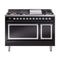 ILVE Nostalgie II Noblesse 48-Inch 5.02 Cu. Ft. Dual Oven Natural Gas Dual Fuel Range with 8 Burners, Griddle and Solid Door in Glossy Black with Chrome Trim (UN48FQNMPBKC)