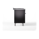 Glossy black freestanding range with solid oven door, chrome accents, and four legs
