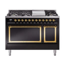 Glossy black freestanding dual fuel range with open ovens, burners, and ornate brass control knobs