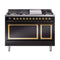 ILVE Nostalgie II Noblesse 48-Inch 5.02 Cu. Ft. Dual Oven Natural Gas Dual Fuel Range with 8 Burners, Griddle and Solid Door in Glossy Black with Brass Trim (UN48FQNMPBKG)
