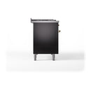 Glossy black freestanding dual fuel range side panel with brass hardware and leveling legs