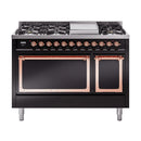 Glossy black freestanding dual fuel range with copper-trim burners and control panel