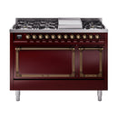 Burgundy freestanding gas range with bronze-trim burners and solid door oven, front view