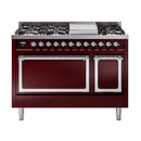 Burgundy freestanding gas dual-fuel range with chrome trim and solid oven door