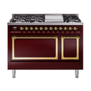 Burgundy freestanding gas dual-fuel range with brass-trim control panel and knobs