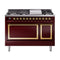 ILVE Nostalgie II Noblesse 48-Inch 5.02 Cu. Ft. Dual Oven Natural Gas Dual Fuel Range with 8 Burners, Griddle and Solid Door in Burgundy with Brass Trim (UN48FQNMPBUG)