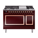 Burgundy freestanding dual-fuel range with copper-trimmed doors and control panel