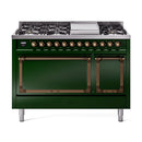 Emerald green freestanding gas dual-fuel range with bronze control knobs and burner grates