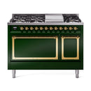 Freestanding gas range in emerald green with brass-trim control panel and burner grates