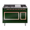 ILVE Nostalgie II Noblesse 48-Inch 5.02 Cu. Ft. Dual Oven Propane Gas Dual Fuel Range with 8 Burners, Griddle and Solid Door in Emerald Green with Copper Trim (UN48FQNMPEGPLP)