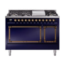 Midnight blue dual fuel range with bronze trim; solid door oven and front control knobs