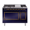 ILVE Nostalgie II Noblesse 48-Inch 5.02 Cu. Ft. Dual Oven Propane Gas Dual Fuel Range with 8 Burners, Griddle and Solid Door in Midnight Blue with Burnished Bronze Trim (UN48FQNMPMBBLP)