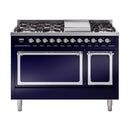 Midnight blue freestanding dual-fuel range with chrome-trim control panel and burners