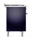 Midnight blue solid door oven panel with chrome control knobs and leveling legs