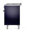 Midnight blue range side panel with brass knobs and gray leveling legs