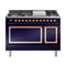 ILVE Nostalgie II Noblesse 48-Inch 5.02 Cu. Ft. Dual Oven Natural Gas Dual Fuel Range with 8 Burners, Griddle and Solid Door in Midnight Blue with Copper Trim (UN48FQNMPMBP)