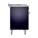 ILVE dual-fuel range side panel in midnight blue with copper control knobs