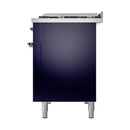 ILVE dual-fuel range side panel in midnight blue with copper side knobs and legs