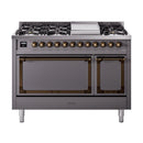 Freestanding dual-fuel gas range in matte graphite with bronze-trimmed control knobs