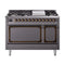 ILVE Nostalgie II Noblesse 48-Inch 5.02 Cu. Ft. Dual Oven Natural Gas Dual Fuel Range with 8 Burners, Griddle and Solid Door in Matte Graphite with Burnished Bronze Trim (UN48FQNMPMGB)