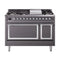 ILVE Nostalgie II Noblesse 48-Inch 5.02 Cu. Ft. Dual Oven Propane Gas Dual Fuel Range with 8 Burners, Griddle and Solid Door in Matte Graphite with Chrome Trim (UN48FQNMPMGCLP)