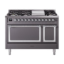 Dual fuel freestanding gas range in matte graphite with chrome-trimmed double oven doors
