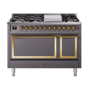 Matte graphite dual fuel freestanding range with brass-trim open oven doors and front burners