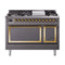 ILVE Nostalgie II Noblesse 48-Inch 5.02 Cu. Ft. Dual Oven Propane Gas Dual Fuel Range with 8 Burners, Griddle and Solid Door in Matte Graphite with Brass Trim (UN48FQNMPMGGLP)