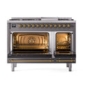 Freestanding matte graphite dual-fuel gas range with open solid-door ovens and brass-lit interiors