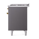 Freestanding matte graphite range side panel with brass pull handle and metal feet