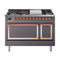 ILVE Nostalgie II Noblesse 48-Inch 5.02 Cu. Ft. Dual Oven Propane Gas Dual Fuel Range with 8 Burners, Griddle and Solid Door in Matte Graphite with Copper Trim (UN48FQNMPMGPLP)
