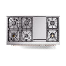 Matte graphite freestanding dual fuel range, top view of four-burner grate layout.