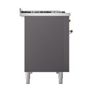 Matte graphite range side panel with copper control knobs and freestanding legs.