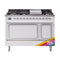ILVE Nostalgie II Noblesse 48-Inch 5.02 Cu. Ft. Dual Oven Natural Gas Dual Fuel Range with 8 Burners, Griddle and Solid Door in Custom RAL with Chrome Trim (UN48FQNMPRAC)