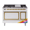 ILVE Nostalgie II Noblesse 48-Inch 5.02 Cu. Ft. Dual Oven Natural Gas Dual Fuel Range with 8 Burners, Griddle and Solid Door in RAL with Brass Trim (UN48FQNMPRAG)