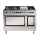 ILVE freestanding dual fuel gas range with stainless front and bronze-trim control knobs
